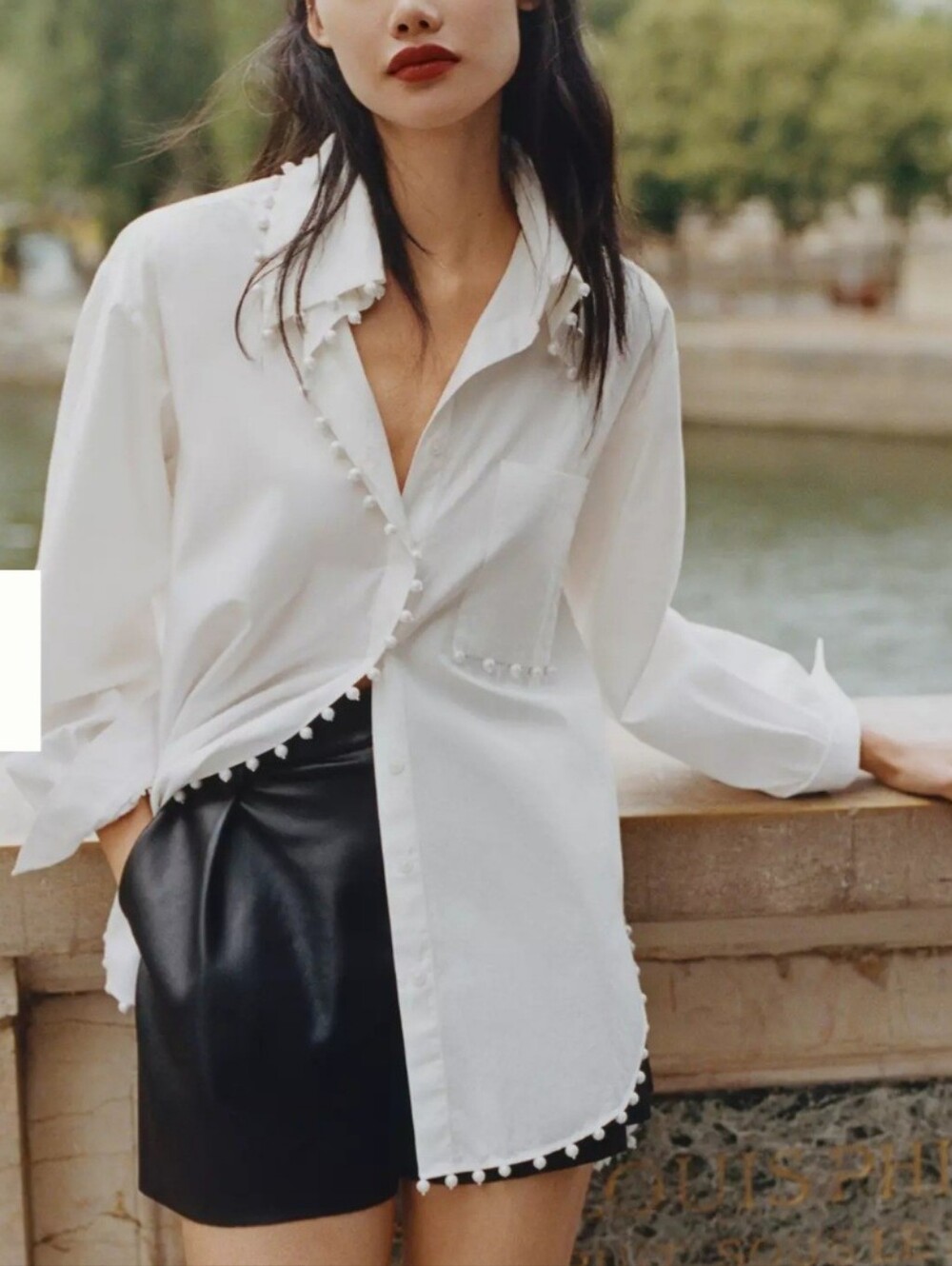 Anthropologie White Pom-Trim Button-Down Shirt